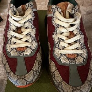 Gucci Burgundy and Green Monogram Sneakers